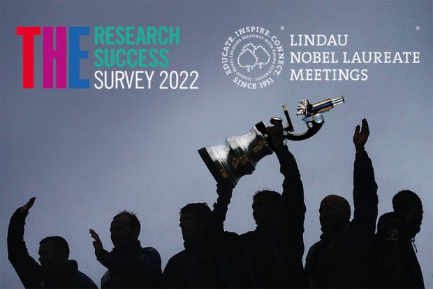 Montage of group lifting trophy with microscope to illustrate research success