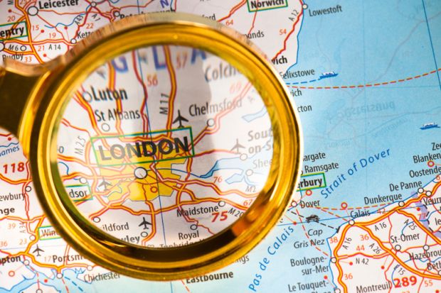 London magnified on map of United Kingom (UK)