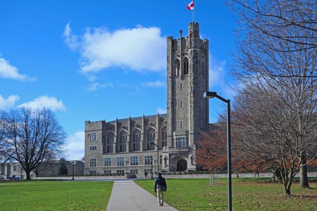 London, Ontario, Canada - December 4, 2018 Looking toward the gothic tower of University College at Ontario's Western University.