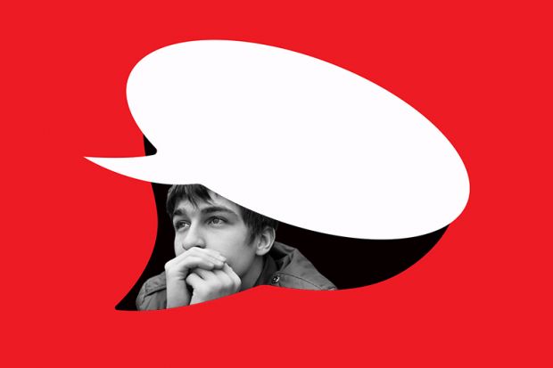 Student looking out pensively from under a speech bubble. To illustrate that undergraduates are choosing silence over dissent given the high price paid by scholars advancing controversial ideas.