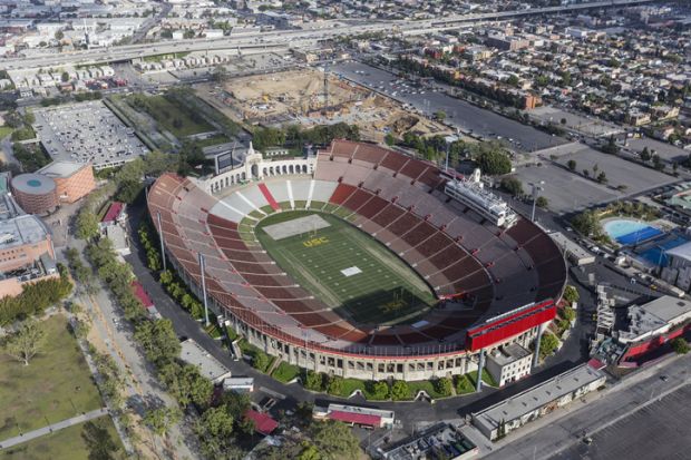 Los Angeles, California, USA - April 12, 2017 Aerial view of the historic Coliseum stadium near downtown and USC.