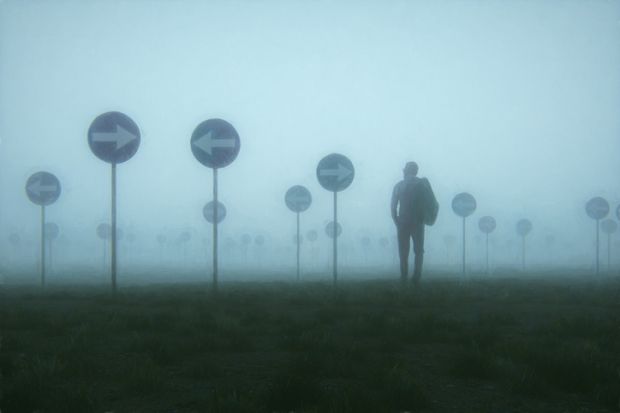 A man lost in a foggy field with confusing signs, illustrating overly complex complaints systems A man lost in a foggy field with confusing signs, illustrating overly complex complaints systems
