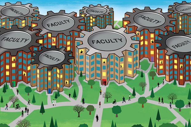 Illustration of a university with different faculties represented by cogs