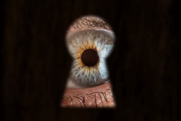 Male blue eye looking through the keyhole