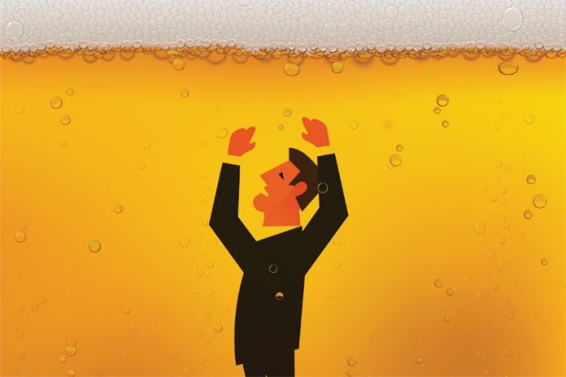 Man drowning in glass of beer (illustration)