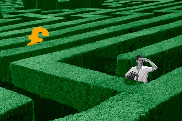 Man searching for money in a maze, as an illustration of the difficulties involved in securing funding through the Research Excellence Framework.