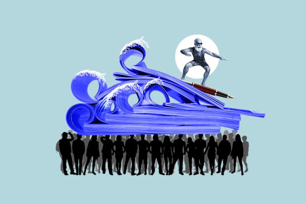 A man surfing on a pen over journals that look like waves, which a crowd is holding up. To illustrate hyper-prolific authors and team science.