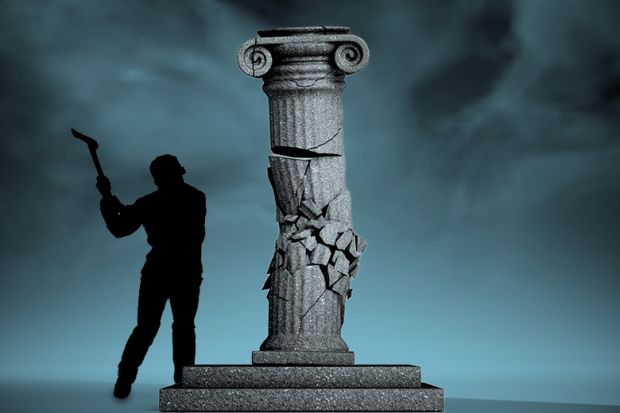 Man swinging axe at classical column. To illustrate possible harm to universities from cuts Man swinging axe at classical column. To illustrate possible harm to universities from cuts