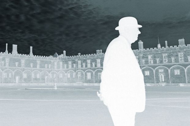 Man walking, University of Oxford campus, photo negative