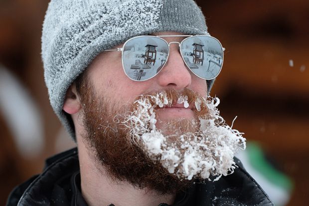 man with frozen beard, Lake Louise, Canada