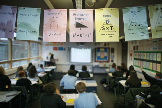Signs about maths hanging up in a classroom