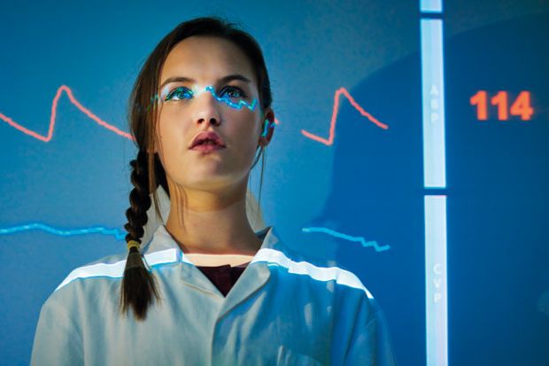Medical science student with ECG monitor reading projected on body