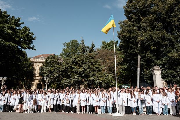 Students of Danylo Halytskyi National Medical University of Lviv put on white doctor's coats during the celebrations for the beginning of the new school year on 29 August, 2025 in Lviv, Ukraine. Students of Danylo Halytskyi National Medical University of Lviv put on white doctor's coats during the celebrations for the beginning of the new school year on 29 August, 2025 in Lviv, Ukraine.