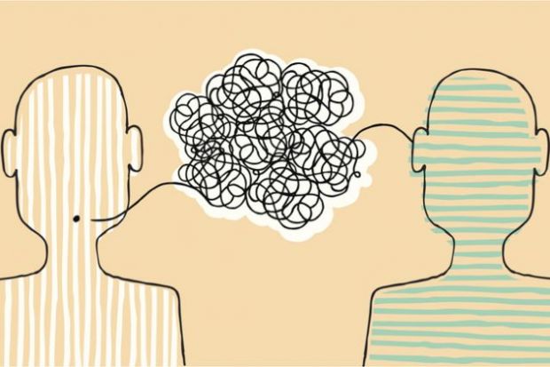 Cartoon of two people with a tangled speech bubble between them symbolising misunderstanding