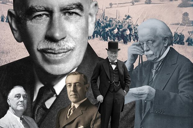 Montage of John Maynard Keynes, Franklin D Roosevelt, Woodrow Wilson, Winston Churchill and David Lloyd George