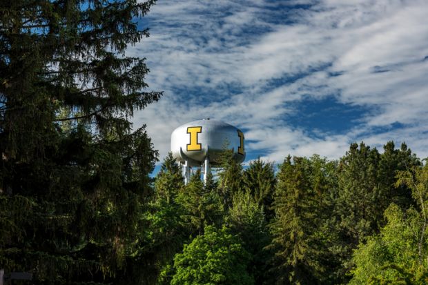 Moscow, Idaho, USA –June 13, 2016 Arboretum filled with trees helps to frame university water tower
