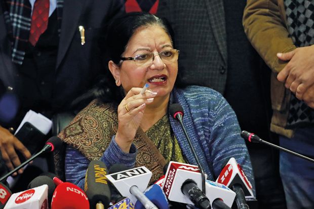 Vice Chancellor of Jamia Millia Islamia university Najma Akhtar addresses a press conference a day after police stormed into the campus, in New Delhi, India, Monday, Dec.16, 2019.