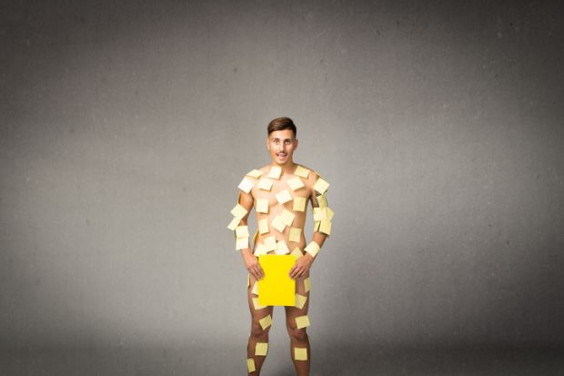 A naked man covered in post-it notes, symbolising public speaking