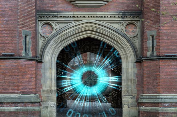 A digital eye suggesting surveillance, seen through an archway at Newcastle University. To illustrate concerns about the use of Turnitin because of data privacy fears. A digital eye suggesting surveillance, seen through an archway at Newcastle University. To illustrate concerns about the use of Turnitin because of data privacy fears.