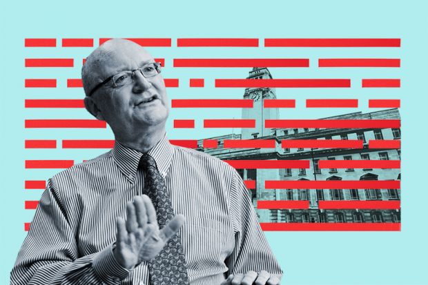 Nigel Thrift with a university building covered in red tape in the background, illustrating how universities’ independence has been constrained by government, regulators, and management. Nigel Thrift with a university building covered in red tape in the background, illustrating how universities’ independence has been constrained by government, regulators, and management.