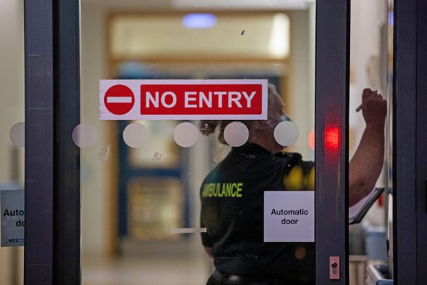 No entry sign on the entrance of the emergency department at a hospital, UK. To illustrate that overseas medical students, including British citizens may find it much harder to work in the UK.