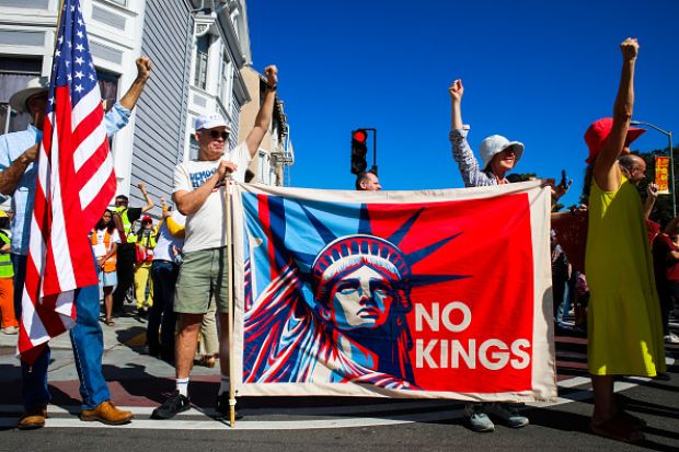 A "no kings" protest in Oakland, part of a national day of pro-democracy demonstations on October 18, 2025