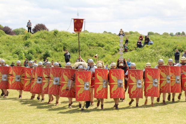 Old Sarum - May 27, 2019 Roman soldiers. Part of the re-enactment group Clash of the Romans, they tour the country demonstrating how Roman legions lived and fought during the occupation of Britain