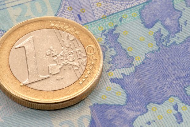 One Euro coin placed on map of Europe