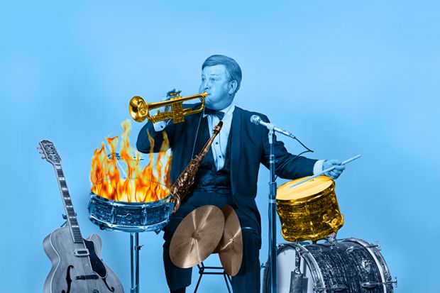 One-man band with instruments coloured gold, silver and bronze, and a drum on fire. To illustrate that the Teaching Excellence Framework may be trying to do too much and is at risk of self-combusting. One-man band with instruments coloured gold, silver and bronze, and a drum on fire. To illustrate that the Teaching Excellence Framework may be trying to do too much and is at risk of self-combusting.