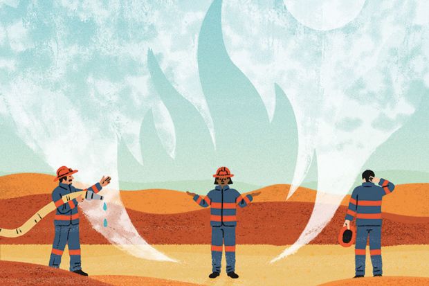 Illustration of fire fighters in a desert
