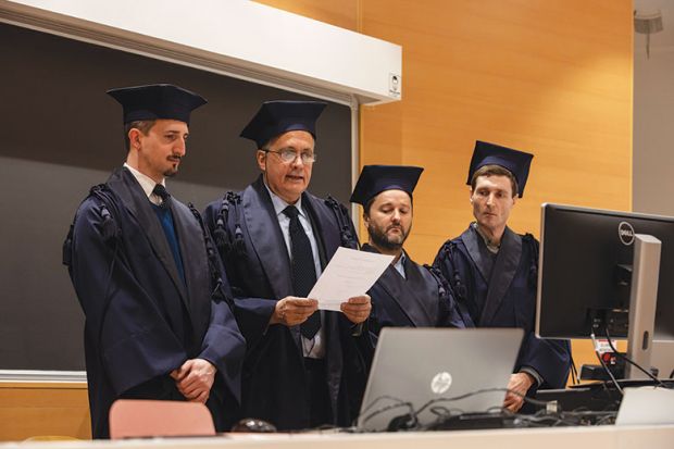 Professors attend an online Engineering bachelor of arts graduation exam at Politecnico di Milano, on March 05, 2020 in Milan, Italy
