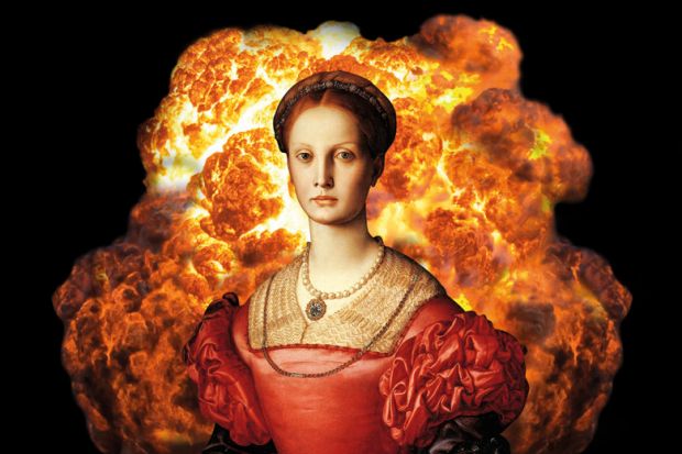 Painting of woman in front of huge explosion