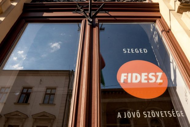 Picture of the local office of Fidesz party in Szeged, Southern Hungary. This party is currently at power in hungary, on a right wing, conservative and populist position in the political spectrum