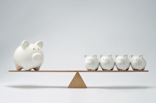 A see-saw with large and small piggy banks, symbolising levelling up