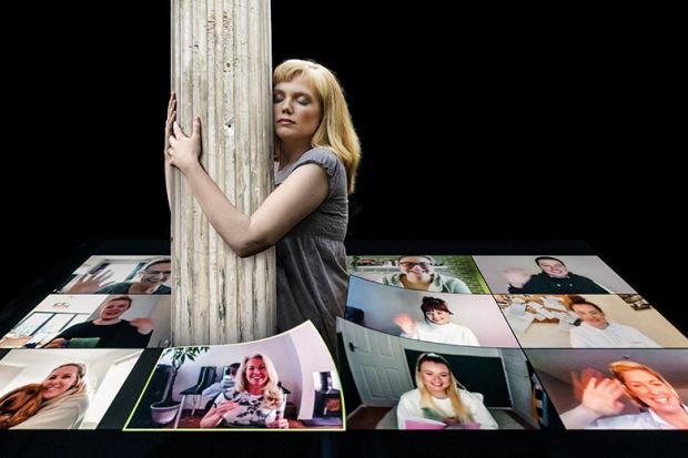 woman hugging pillar woman hugging pillar