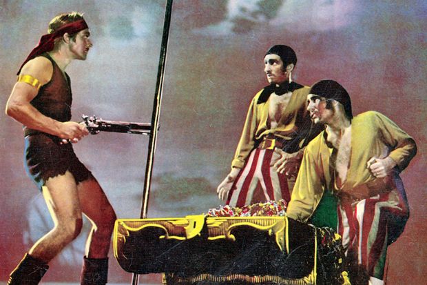 Film still from 'The Pirate', 1948. One man is holding a gun towards two people taking treasure. To illustrate the legal battle between Elsevier and Meta regarding AI crawling. 