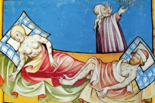 Miniature depicting a couple suffering from the blisters of the Black Death, the bubonic plague that swept Europe in the Middle Ages. From the Swiss manuscript the Toggenburg Bible, 1411.