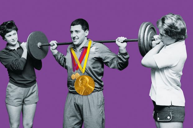 Man lifting weight flanked by two women