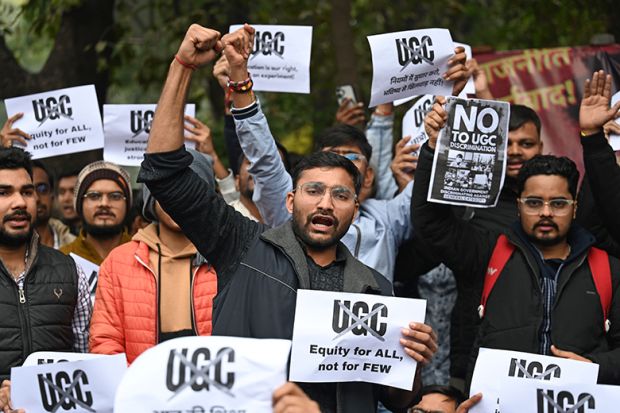 A group of students from Delhi University protesting against New UGC Rule 2026 on 28 January 2026 in New Delhi, India. The students demanded its rollback, calling the UGC Regulations “biased and divisive” and could deepen divisions on campuses.