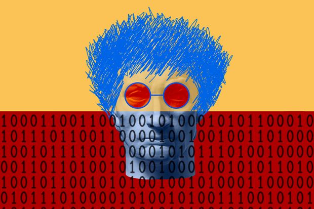 Face of a classical statue with scribbled hair and glasses added, rising out of binary code. To illustrate how the punk attitude of art schools can help the UK rise above AI blandness.