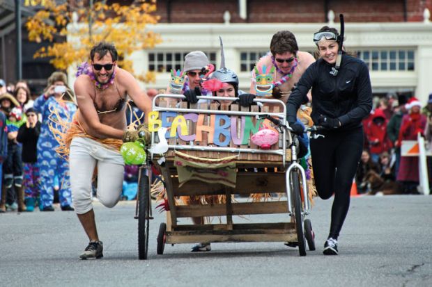 Racers at annual bed races, Bar Harbor, Maine Racers at annual bed races, Bar Harbor, Maine