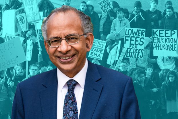 Rama Thirunamachandran, former vice-chancellor of Canterbury Christ Church University, with students during a demonstration over tuition fees and university funding In Whitehall, London, 2010, in the background.