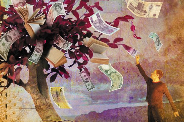 Person reaching for money from a tree that also contains books. To illustrate students seeing a degree as a credential for employment.