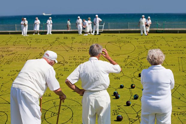 Retired academics calculating moves while playing bowls