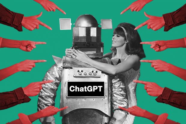 Woman hugging a robot while accusing fingers point at them. To illustrate that despite warnings against the use of AI, it has an ability to enhance research in all subjects. Woman hugging a robot while accusing fingers point at them. To illustrate that despite warnings against the use of AI, it has an ability to enhance research in all subjects.