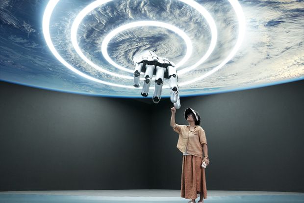 A woman touching a giant robot hand that looks like it is coming from the centre of a storm. To illustrate whether universities embracing AI is undermining their net-zero targets. A woman touching a giant robot hand that looks like it is coming from the centre of a storm. To illustrate whether universities embracing AI is undermining their net-zero targets.
