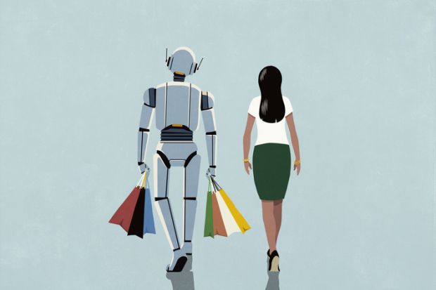 A robot carries a woman's bags, symbolising AI assistance A robot carries a woman's bags, symbolising AI assistance