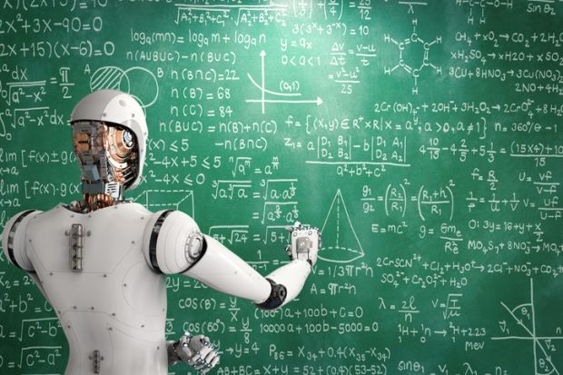 A robot doing mathematics at a blackboard 