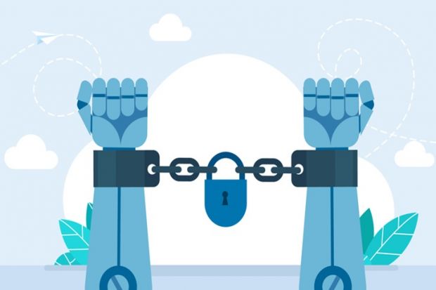 A robot's hands shackled, illustrating restrictions on AI use A robot's hands shackled, illustrating restrictions on AI use