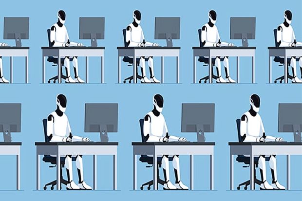 Many robots working on computers, illustrating standardised peer reviews produced by AI